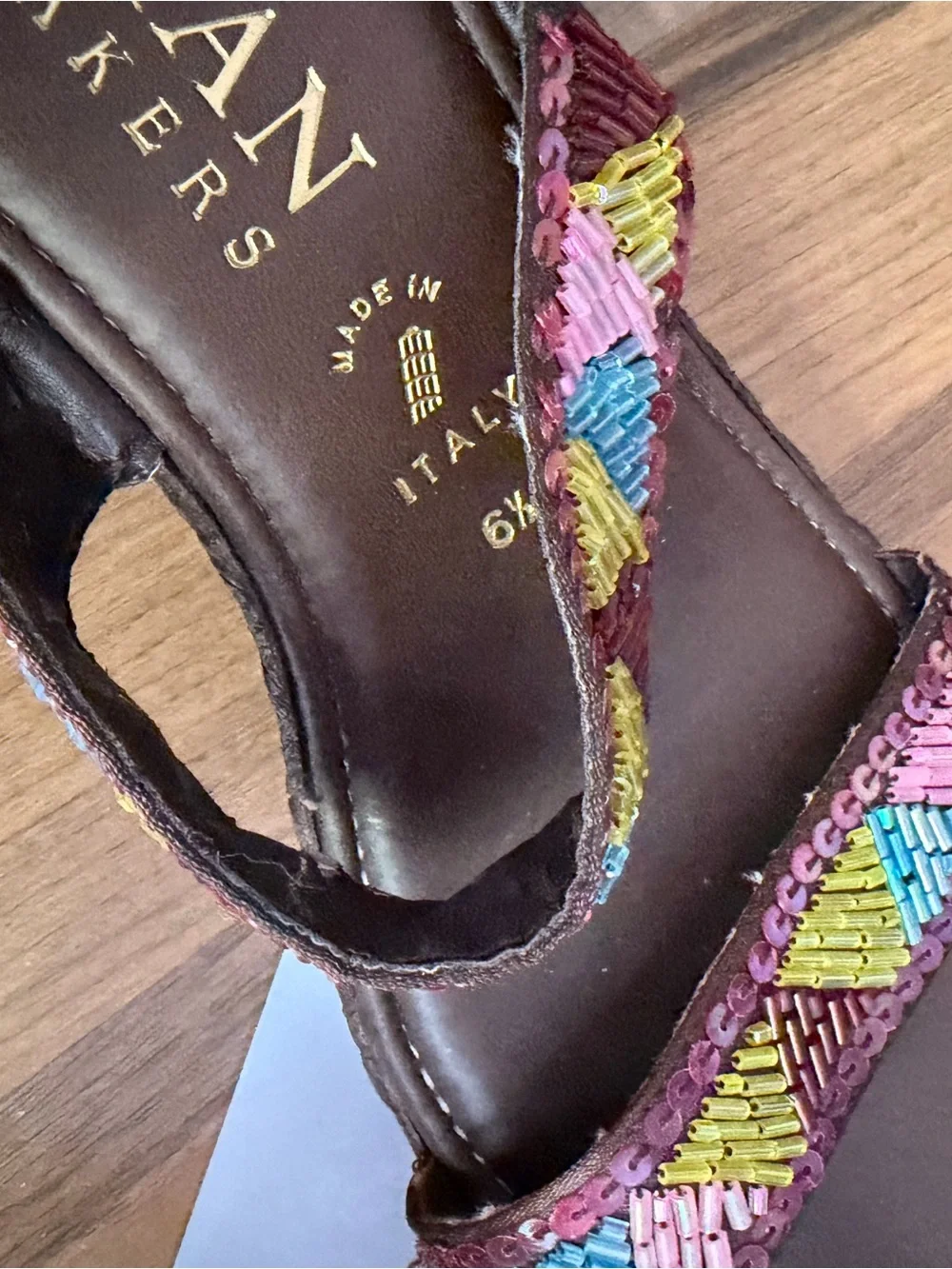 Italian Shoemakers Lightweight Brown Wedge Sandals Sequin Straps, 6.5, Like New